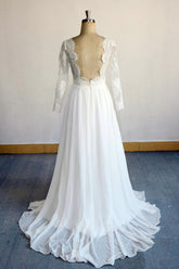 Elegant Longsleeves Appliques Lace Wedding Dress White Chiffon A-line Bridal Gowns On Sale-27dress